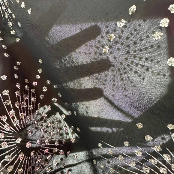 Vintage Silver Glitter Fireworks Black Sheer Short Sleeve Party Top Glances - Picture 5 of 17